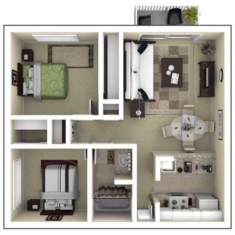 Floor plan for 2 beds, 1 bath, 773 sqft